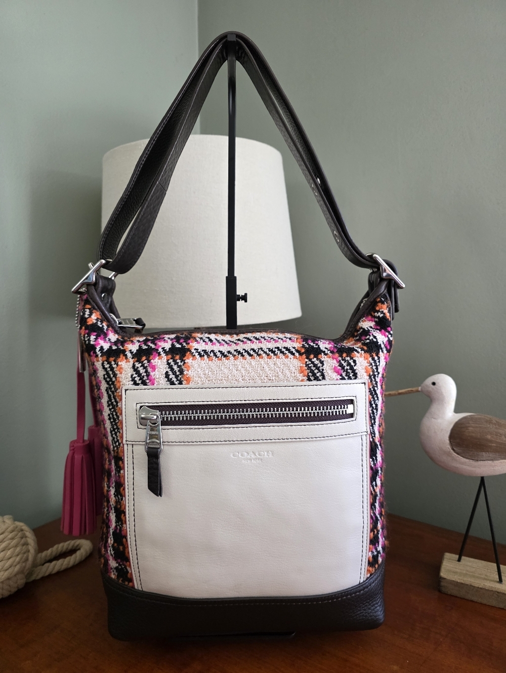 Coach Legacy 21146 Bouclé Leather Duffle Shoulder Bag Pink Black